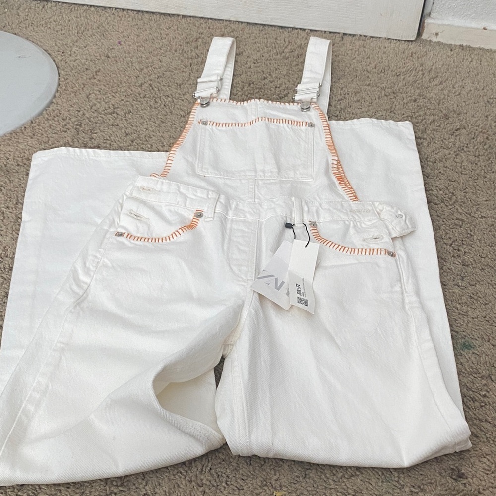 Zara White Denim Overalls with Peach Contrast Stitching